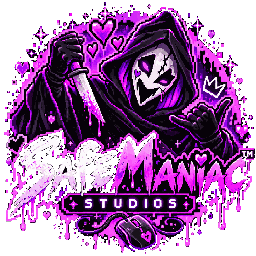 SafeManiac Studios hooded mascot holding a knife with neon purple and pink branding